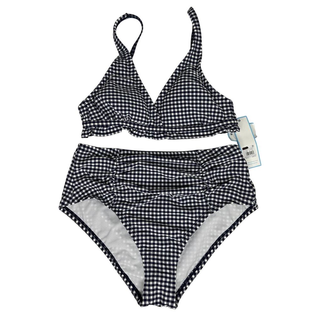 Draper James NWT Bikini 2 Piece Swimsuit XS Gingham Ruffled Navy White Swim Set